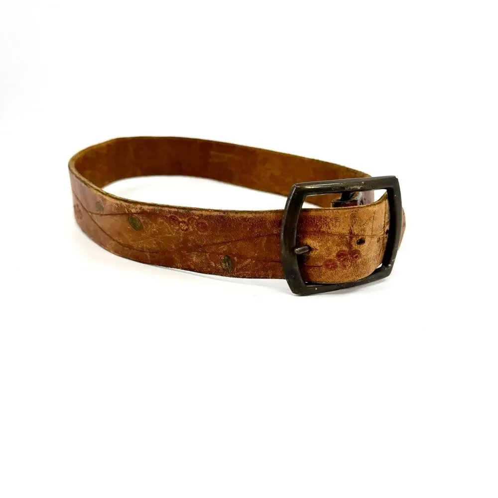 Vintage 70s Brown Leather Hand-Tooled Cherry Leaf Belt